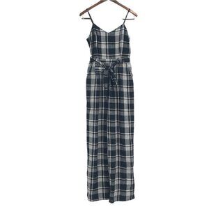 NWT American Eagle Womens Medium Long Plaid Jumpsuit Linen Black White Belted